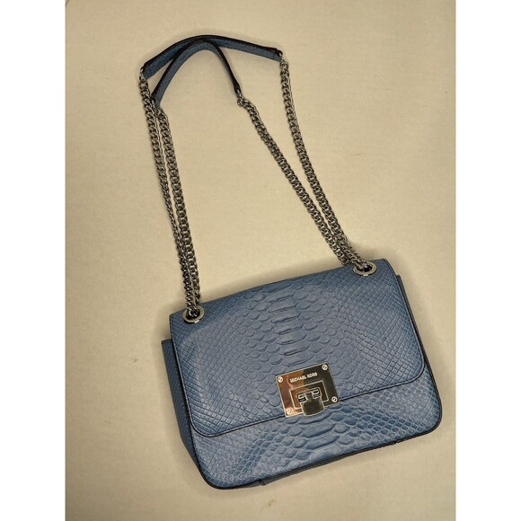 Michael Kors Embossed Leather Tina Medium Shoulder Flap Bag Sky Blue Crossbody - Picture 1 of 11